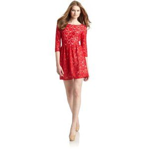 FRENCH CONNECTION Lizzie Red Lace Nude Illusion Fit & Flare Dress sz 10 Women's
